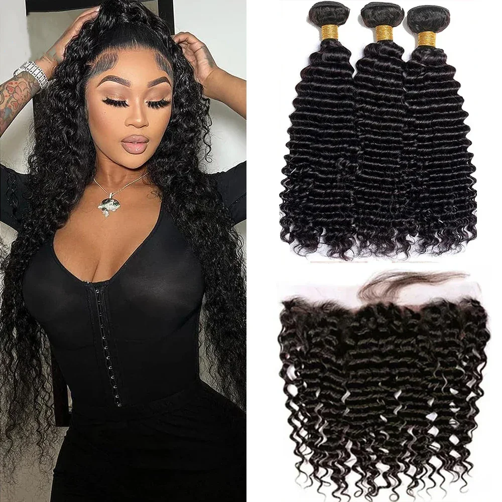 Water Curly Unprocessed 100% Virgin Human Hair 3 Bundles with Frontal Natural Black Hair Weaving Deep Wave Bundles with Closure
Water Curly Unprocessed 100% Virgin Human Hair 3 Bundles with Frontal Natural Black Hair Weaving Deep Wave Bundles with Closure