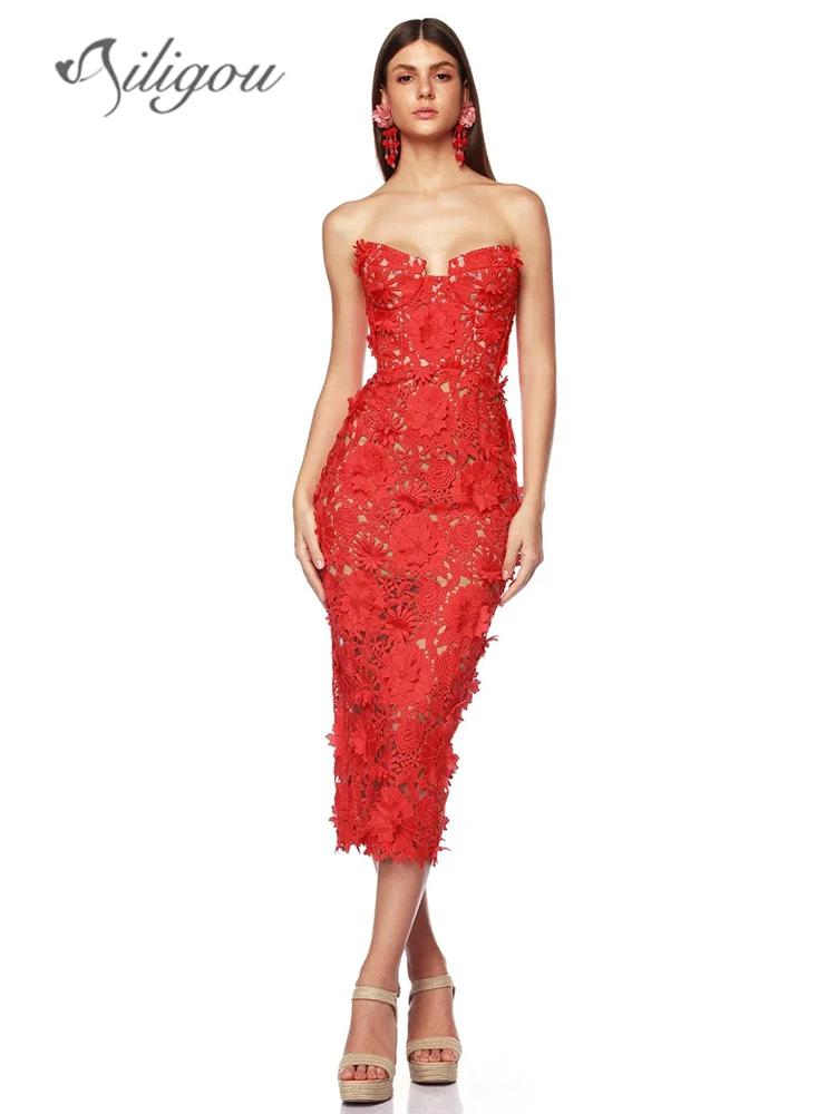 Ailigou 2024 New Summer Women's Sexy Strapless Flower Lace Midi Tight Bandage Dress Elegant Celebrity Party Dress
Ailigou 2024 New Summer Women's Sexy Strapless Flower Lace Midi Tight Bandage Dress Elegant Celebrity Party Dress