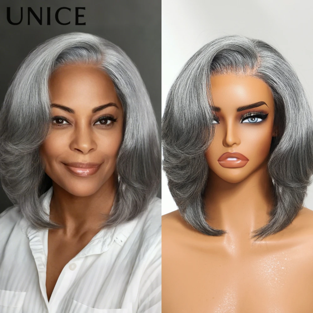 UNICE Hair Side Part Grey Bob Wig Pre Cut 6.5x1.5 Lace Layered Blowout Salt & Pepper Glueless Wig Human Hair Ready To Wear
UNICE Hair Side Part Grey Bob Wig Pre Cut 6.5x1.5 Lace Layered Blowout Salt & Pepper Glueless Wig Human Hair Ready To Wear