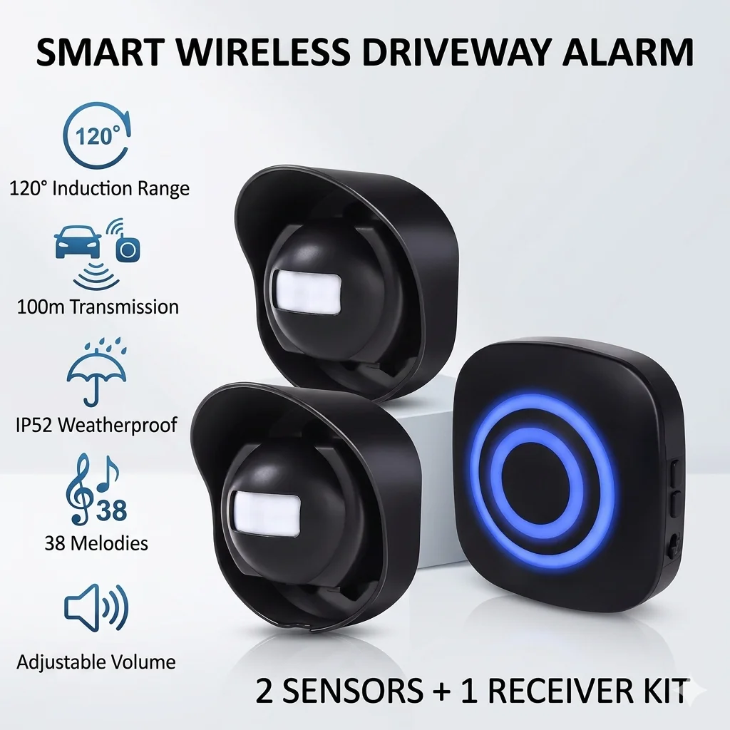 Driveway Alarm, Multifunctional Outside Motion Sensor & Detector 200m/656ft Transmission Range, 38 Chimes 1 Receiver 2 Sensor
Driveway Alarm, Multifunctional Outside Motion Sensor & Detector 200m/656ft Transmission Range, 38 Chimes 1 Receiver 2 Sensor