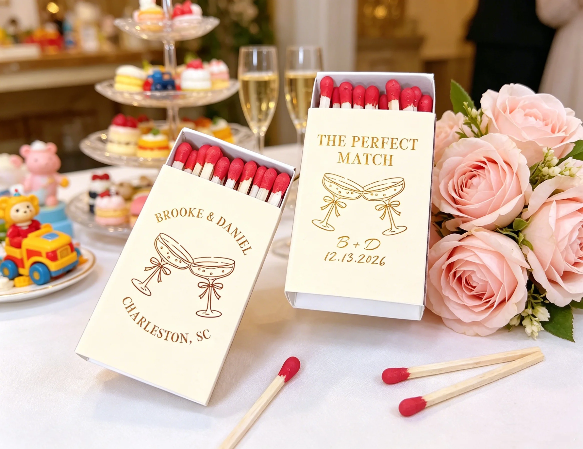Personalisierte Hochzeits-Streichholzschachteln mit Goldfolie - Individuelle Namen & Datum, Elegante Tischdekoration und Gastges
Personalisierte Hochzeits-Streichholzschachteln mit Goldfolie - Individuelle Namen & Datum, Elegante Tischdekoration und Gastges