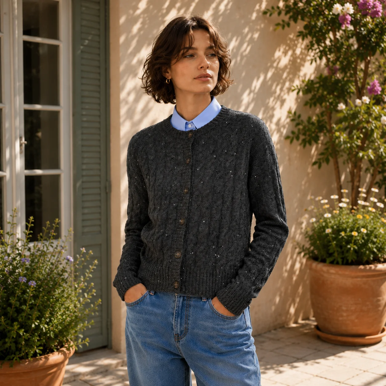 Soft and delicate fine glitter heavy-stitched interwoven yarn sequin twisted wool knitted cardigan retro twisted wool sweater
Soft and delicate fine glitter heavy-stitched interwoven yarn sequin twisted wool knitted cardigan retro twisted wool sweater