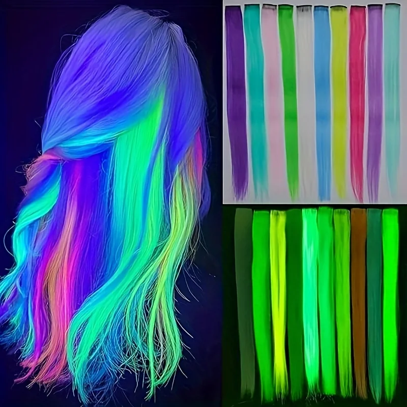 10pcs Luminous Clip-In Hair Extension Glow In The Dark Hair Extensions Colored Hairpieces Party Hair Synthetic Neon Fake Hai
10pcs Luminous Clip-In Hair Extension Glow In The Dark Hair Extensions Colored Hairpieces Party Hair Synthetic Neon Fake Hai