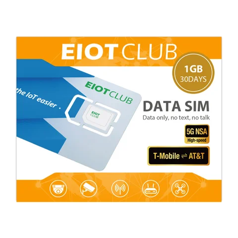 Carte SIM IoT EIOTCLUB USA - Prépayée, 1 Go de données, double réseau AT&T et T-Mobile, carte SIM uniquement pour caméra de sécurité, routeur, point d'accès Wi-Fi, traceur pour appareils IoT débloqués