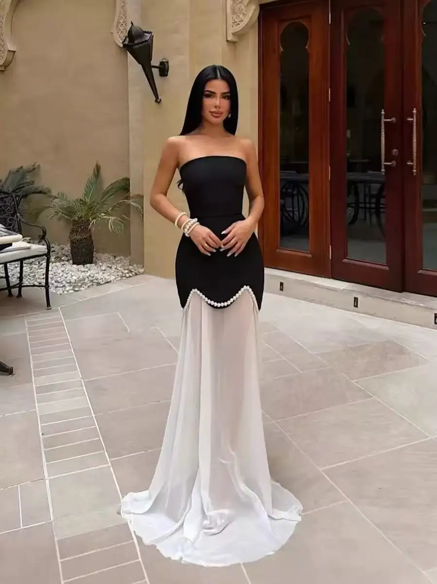 High-Quality Summer New Women's Sexy One-Shoulder Sleeveless Black Dress with White Mesh Splice Long Belted Gown Elegant Backles
High-Quality Summer New Women's Sexy One-Shoulder Sleeveless Black Dress with White Mesh Splice Long Belted Gown Elegant Backles