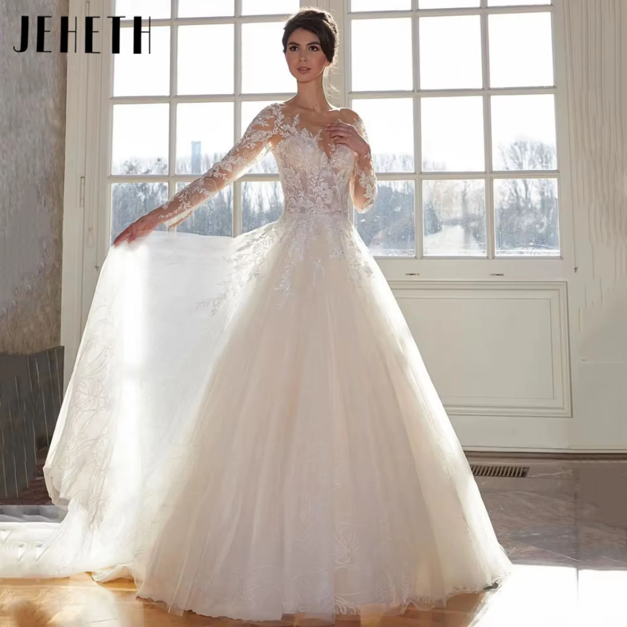 JEHETH Exquisite Long Sleeves Bride Dresses A Line Wedding Dress Applique Lace Bridal Gowns Elegant Vestidos De Novia Customized
JEHETH Exquisite Long Sleeves Bride Dresses A Line Wedding Dress Applique Lace Bridal Gowns Elegant Vestidos De Novia Customized