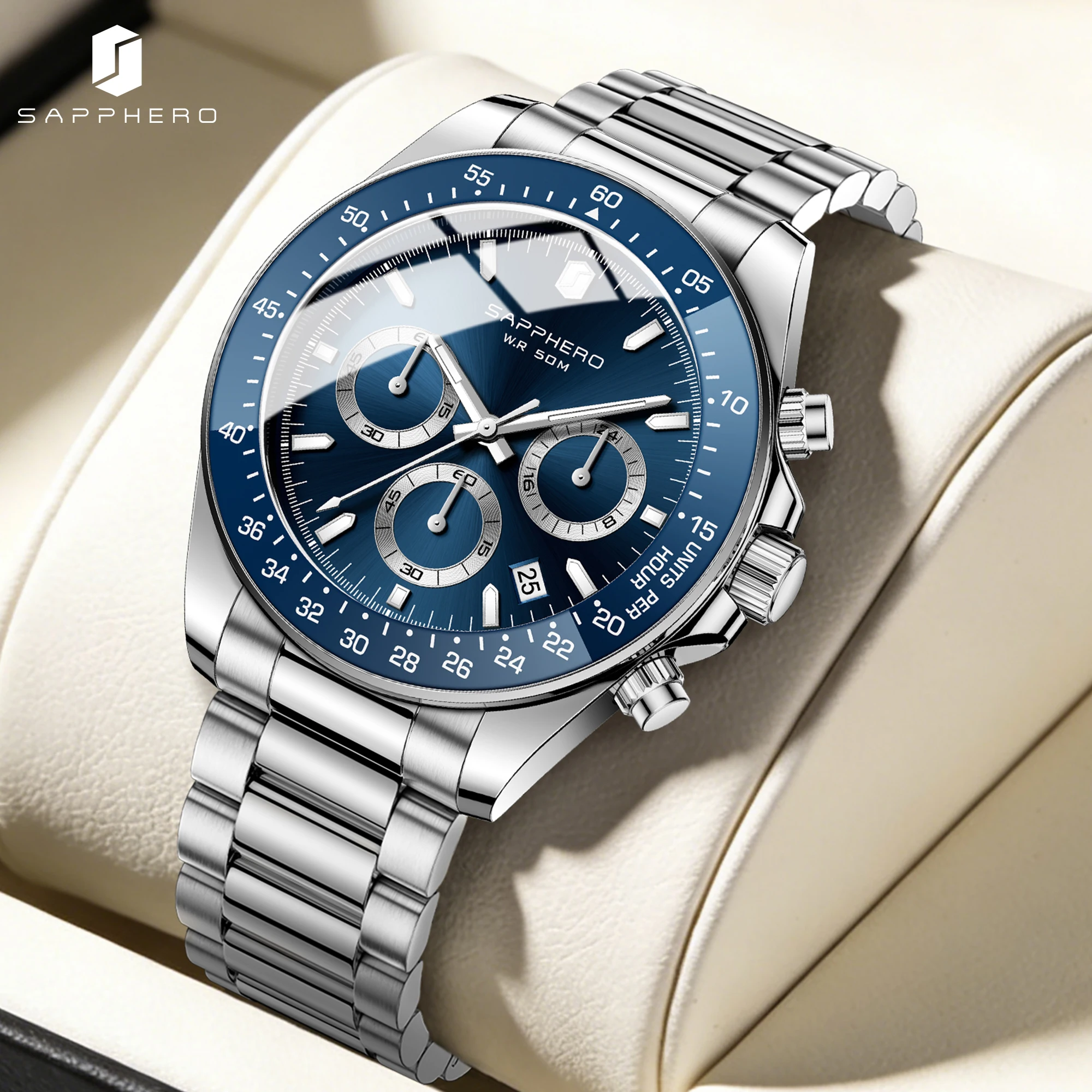 SAPPHERO Men Chronograph Watch Luxury Quartz Stainless Steel Blue Dial 50M Waterproof Mineral Glass Sport Business Wristwatch
SAPPHERO Men Chronograph Watch Luxury Quartz Stainless Steel Blue Dial 50M Waterproof Mineral Glass Sport Business Wristwatch