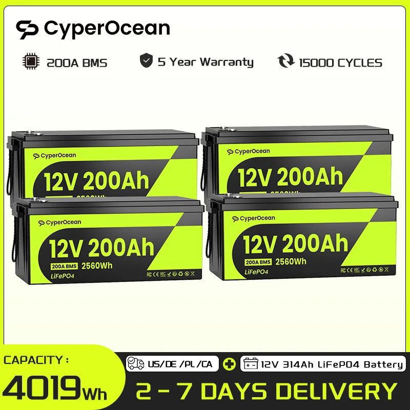 CyperOcean 12V 200Ah LiFePO4 Battery 4PK, 12V Rechargeable Lithium Battery ,Capacity 2560Wh, Low-Temp Protection, Built-in 200A BMS For Vans, Golf Cart, Boat, RV, Camp, Solar Energy Storage With 5-Year Warranty
CyperOcean 12V 200Ah LiFePO4 Battery 4PK, 12V Rechargeable Lithium Battery ,Capacity 2560Wh, Low-Temp Protection, Built-in 200A BMS For Vans, Golf Cart, Boat, RV, Camp, Solar Energy Storage With 5-Year Warranty
