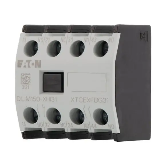 DILM150C-XHI31 Auxiliary contact module, 4 pole, Ith= 16 A, 3 N/O, 1 NC, Front fixing, Screw terminals, DILM40 - DILM170
DILM150C-XHI31 Auxiliary contact module, 4 pole, Ith= 16 A, 3 N/O, 1 NC, Front fixing, Screw terminals, DILM40 - DILM170