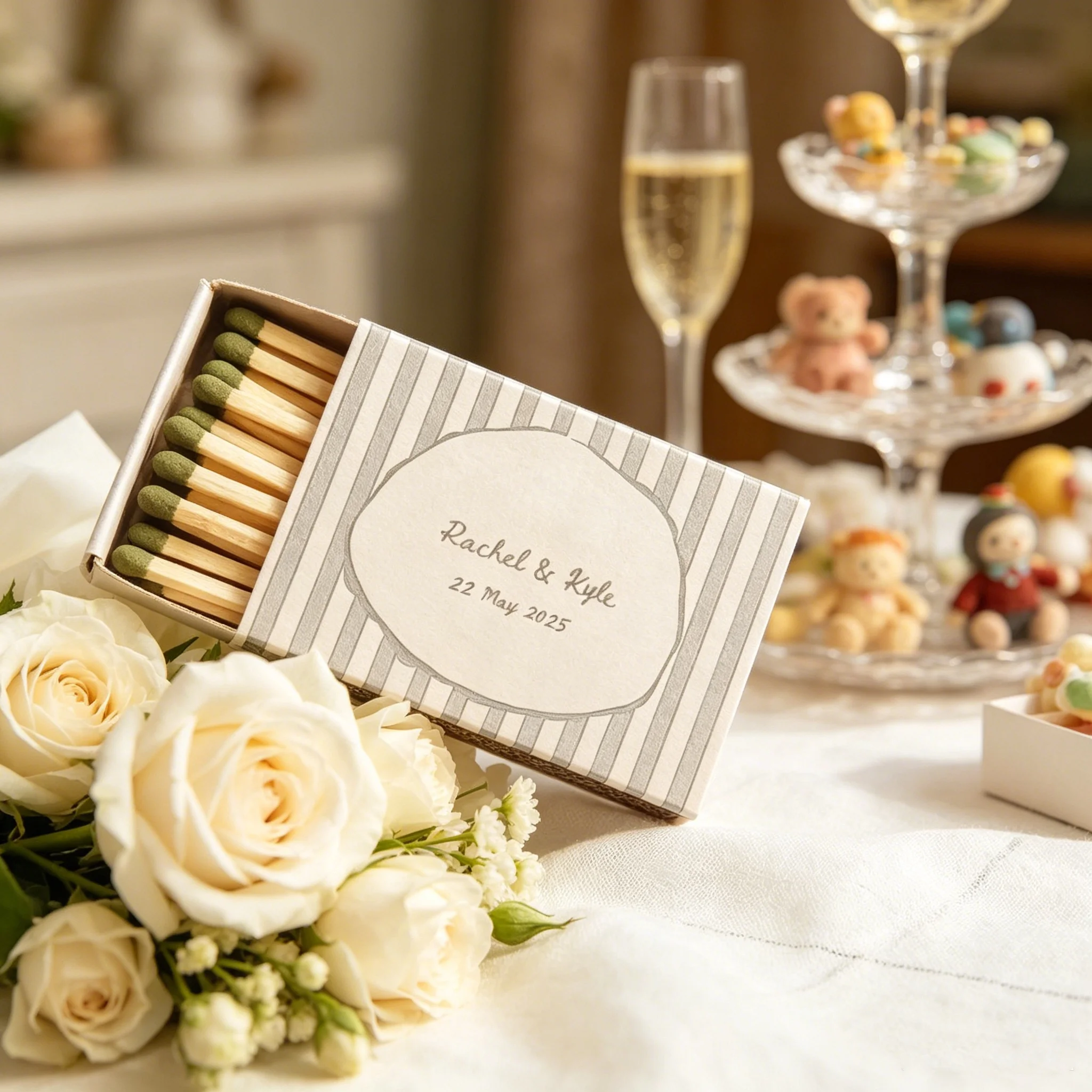 Streichholzschachteln mit Champagner-Motiv, Personalisierte Streichhölzer als Gastgeschenke für Brautparty & Verlobung
Streichholzschachteln mit Champagner-Motiv, Personalisierte Streichhölzer als Gastgeschenke für Brautparty & Verlobung
