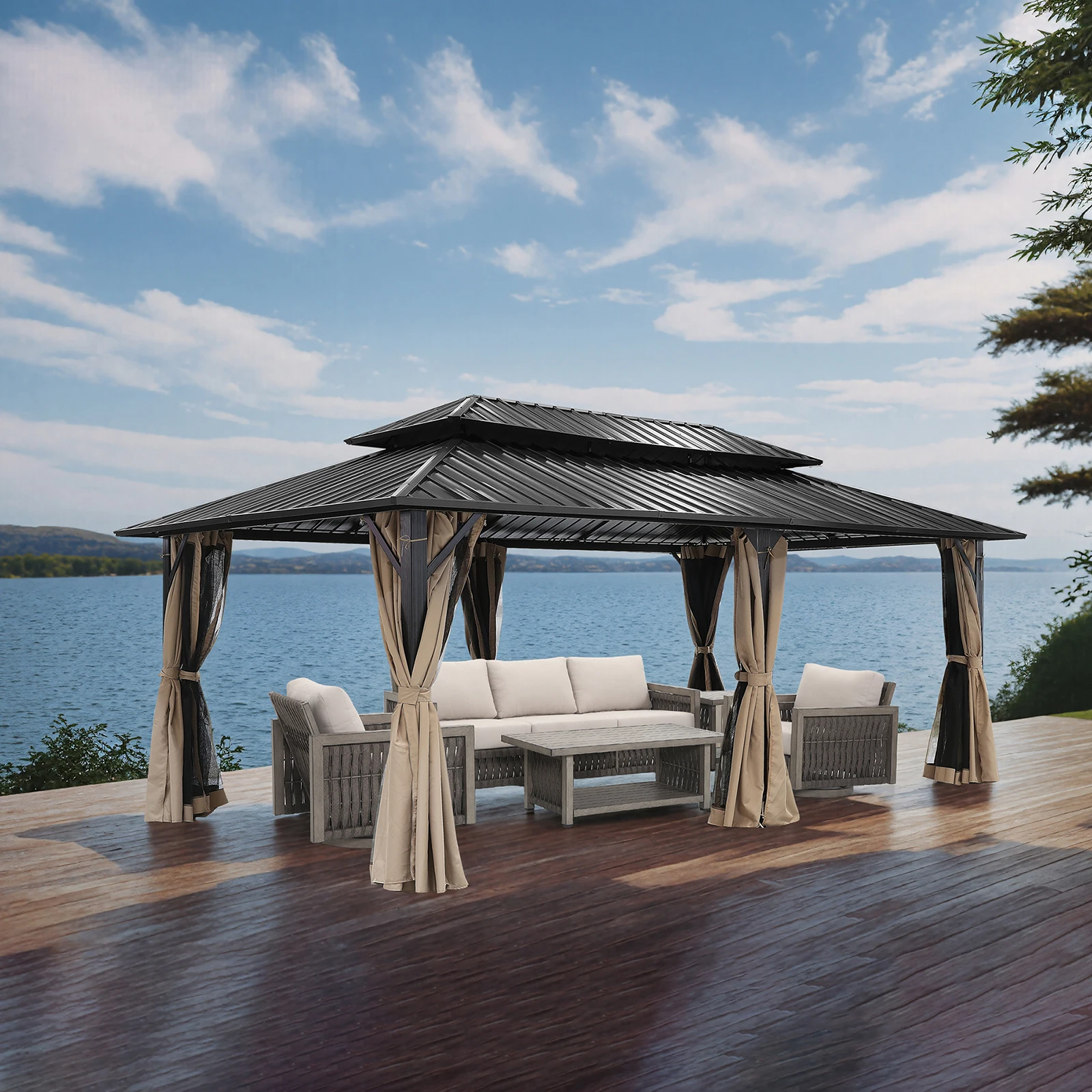 SeeHill 12' x 20' Hardtop Patio Gazebo with Aluminum Frame, Double Roof Pergola with Mosquito Netting and Privacy Curtains 
SeeHill 12' x 20' Hardtop Patio Gazebo with Aluminum Frame, Double Roof Pergola with Mosquito Netting and Privacy Curtains