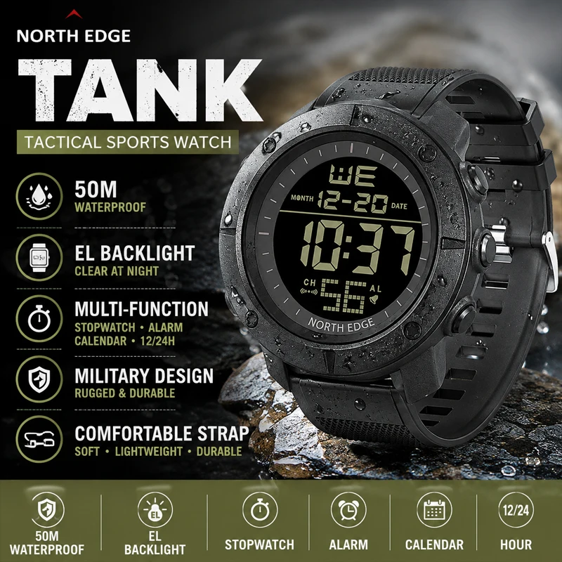 NORTH EDGE TANK Outdoors Watch For Men Alarm Clock Hour Report EL Backlight Waterproof 50M Silicone Band Men Watch Reloj Hombre
NORTH EDGE TANK Outdoors Watch For Men Alarm Clock Hour Report EL Backlight Waterproof 50M Silicone Band Men Watch Reloj Hombre