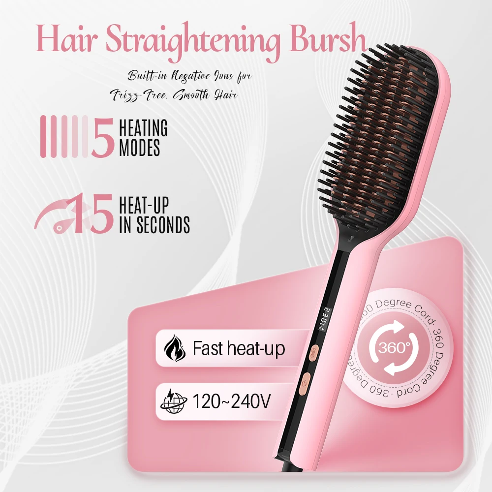Electric Hair Straightening Brush, 45s Fast Heat-Up, 5 Temp Modes Hot Straightener Comb, 360° Swivel Cord, Smooth Hair, 120-240V
Electric Hair Straightening Brush, 45s Fast Heat-Up, 5 Temp Modes Hot Straightener Comb, 360° Swivel Cord, Smooth Hair, 120-240V
