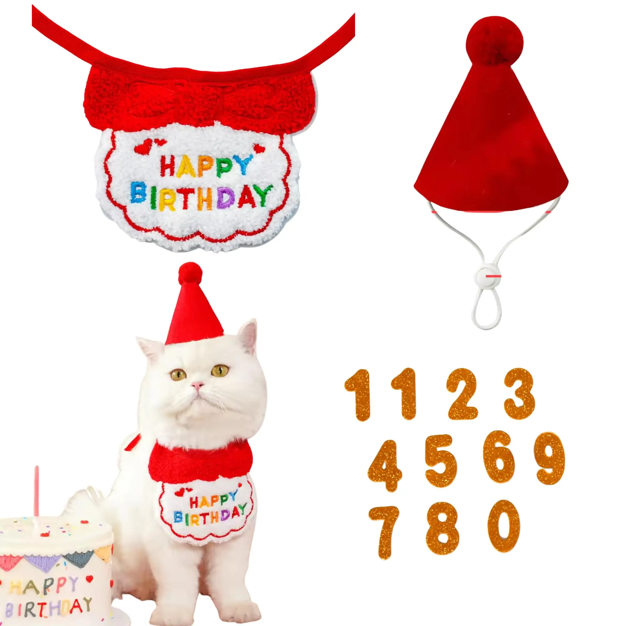 Cat Birthday Red Collar and Hat Set, Adjustable Birthday Outfit with Numbers 0-9 for Small to Large Cats Party Decor
Cat Birthday Red Collar and Hat Set, Adjustable Birthday Outfit with Numbers 0-9 for Small to Large Cats Party Decor