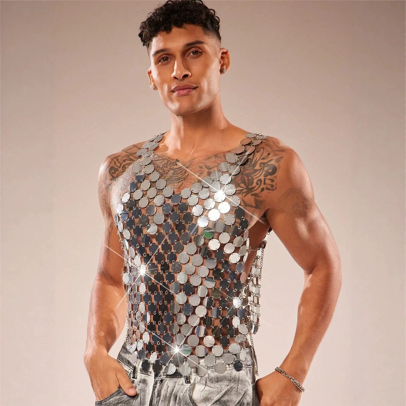 European And American Men's Sequin Vest With Handmade Round Piece Splicing, Hollow-Out Design, Party Music Festival Sequin Top
European And American Men's Sequin Vest With Handmade Round Piece Splicing, Hollow-Out Design, Party Music Festival Sequin Top