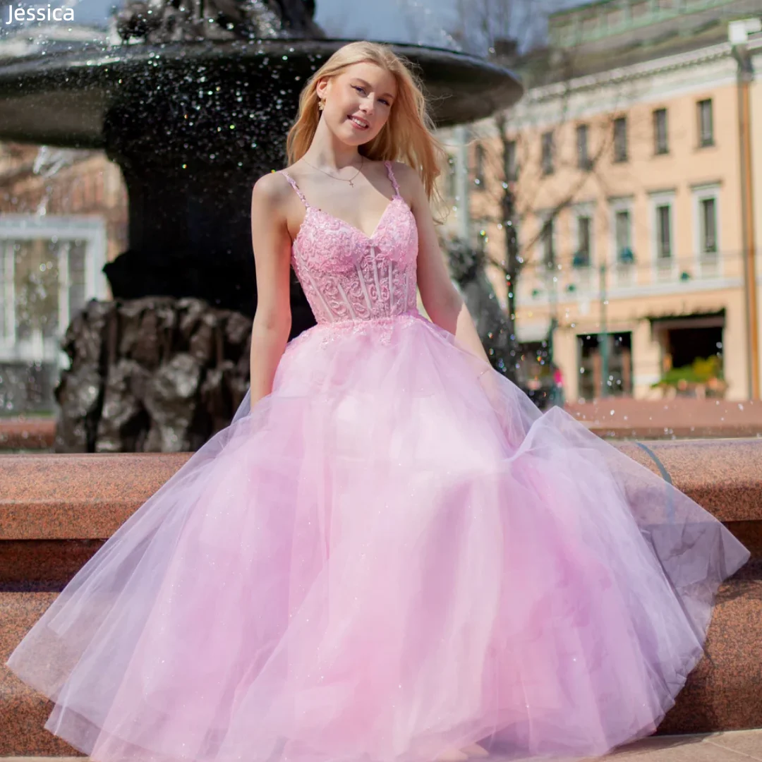 Jessica Sweet Pink Evening Dresses Thin-strapped Lace Embroidery Prom Dresses Fitted Bodice, A-line Shape Party Dresses
Jessica Sweet Pink Evening Dresses Thin-strapped Lace Embroidery Prom Dresses Fitted Bodice, A-line Shape Party Dresses