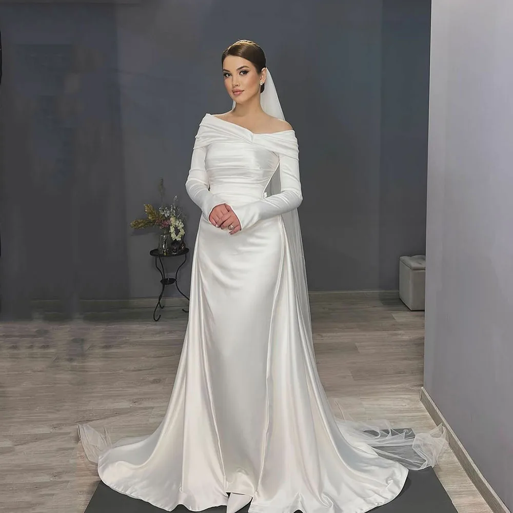 Msikoods Customized Satin Off Shoulder Wedding Dress 2025 Long Sleeve Draped Overskirts Elegant Brides Gown Pleats Bridal Dress
Msikoods Customized Satin Off Shoulder Wedding Dress 2025 Long Sleeve Draped Overskirts Elegant Brides Gown Pleats Bridal Dress