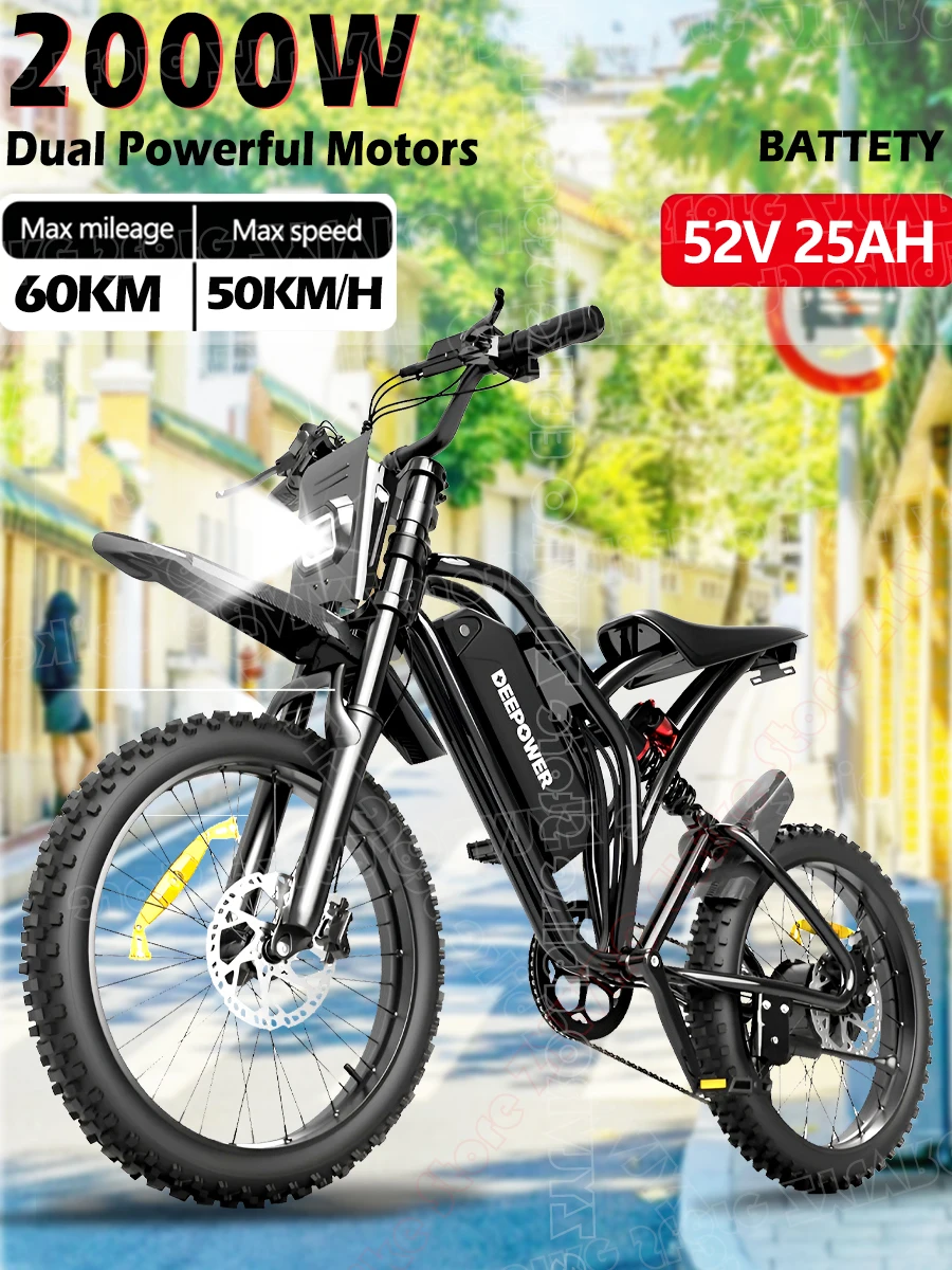 DEEPOWER S21 Electric Bike 2000W 48V 25AH Adult Electric Bicycle LCD Smart Hydraulic Brakes 17-inch All-Terrain Off-Road Ebike
DEEPOWER S21 Electric Bike 2000W 48V 25AH Adult Electric Bicycle LCD Smart Hydraulic Brakes 17-inch All-Terrain Off-Road Ebike