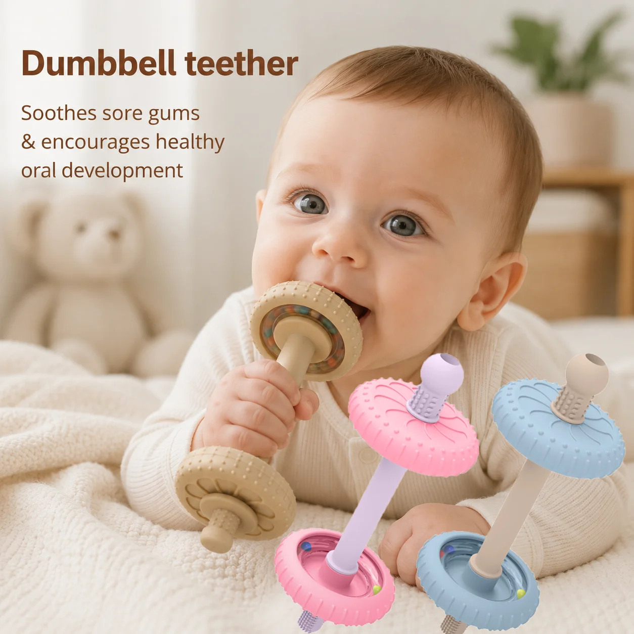 Silicone Toy for Baby, 2Pcs BPA Free Fitness Dumbbell Teether for Toddlers Gift
Silicone Toy for Baby, 2Pcs BPA Free Fitness Dumbbell Teether for Toddlers Gift