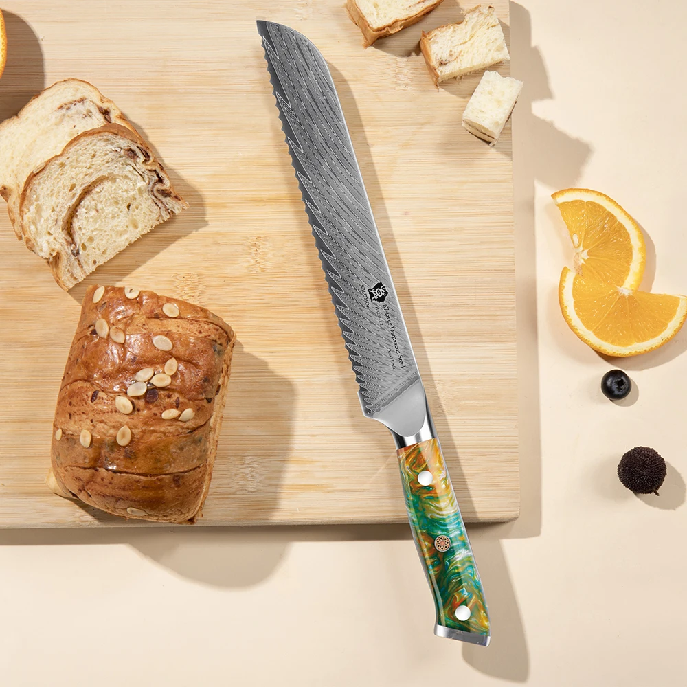 WILDMOK Зубчатый нож для хлеба из дамасской стали, 8 дюймов, 67-слойный японский стальной сердечник VG10, уникальная ручка из смолы с подарочной коробкой
WILDMOK Зубчатый нож для хлеба из дамасской стали, 8 дюймов, 67-слойный японский стальной сердечник VG10, уникальная ручка из смолы с подарочной коробкой