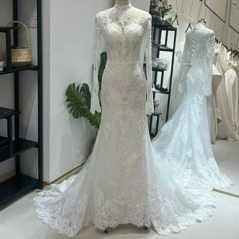 Lace Weddings Dresses Appliques Mermaid Fit High Neck Bell sleeves Bridal Gown Vestido De Noivas Para Casamento
Lace Weddings Dresses Appliques Mermaid Fit High Neck Bell sleeves Bridal Gown Vestido De Noivas Para Casamento