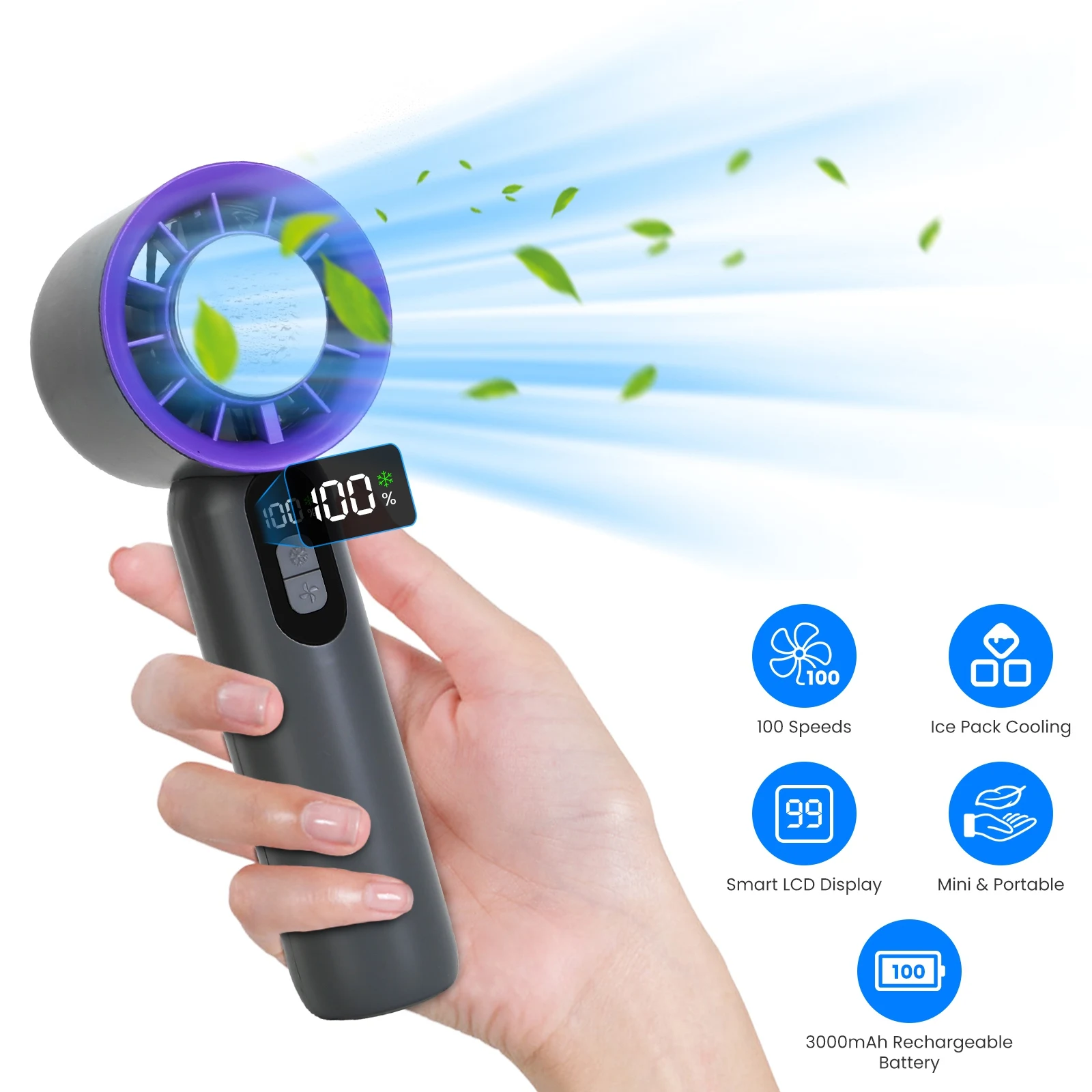 Handheld cooling fan with ice-compress function, electric fan, LCD display, mini portable air cooler.
Handheld cooling fan with ice-compress function, electric fan, LCD display, mini portable air cooler.