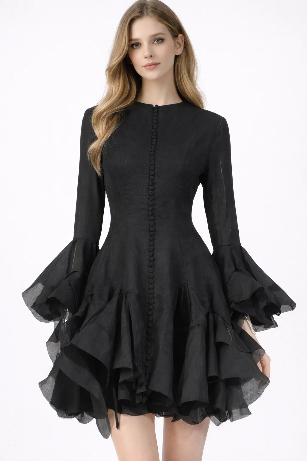 Новое модное женское платье с высокой талией, пэчворком, оборками, однотонными вставками, круглым вырезом, длинными рукавами и пуговицами, стройнящее фигуру
Новое модное женское платье с высокой талией, пэчворком, оборками, однотонными вставками, круглым вырезом, длинными рукавами и пуговицами, стройнящее фигуру