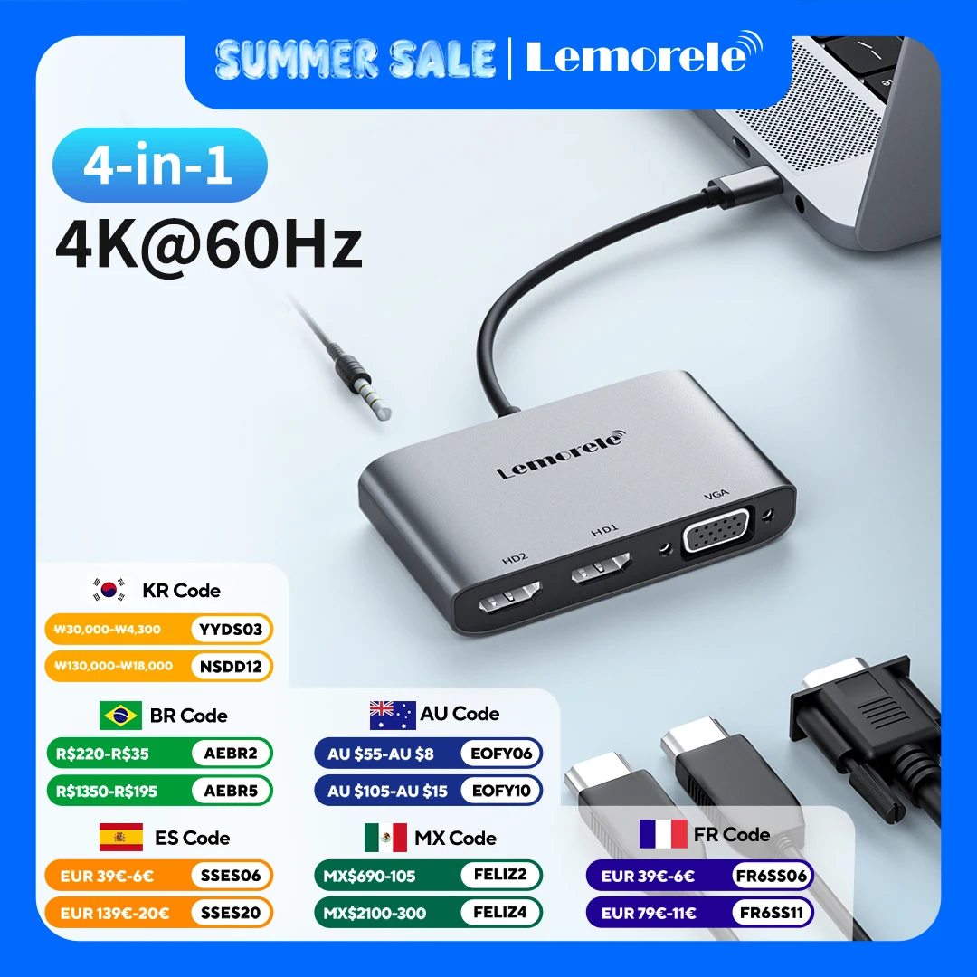 Lemorele 2 IN 1 USB C Hub to Dual HDMI 4K 60HZ Dual Screen Expansion Type C VGA Docking Station For Macbook Laptop Tablet PC
Lemorele 2 IN 1 USB C Hub to Dual HDMI 4K 60HZ Dual Screen Expansion Type C VGA Docking Station For Macbook Laptop Tablet PC
