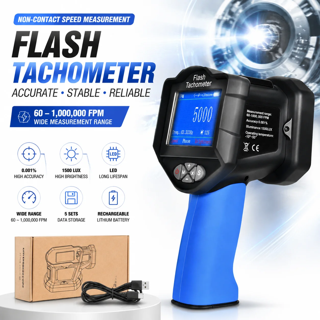 LED Stroboscope 60-1,000,000 RPM Digital Strobe Tachometer Non-Contact Speed Tester 0.001% Accuracy TFT Display Rechargeab,8000D
LED Stroboscope 60-1,000,000 RPM Digital Strobe Tachometer Non-Contact Speed Tester 0.001% Accuracy TFT Display Rechargeab,8000D