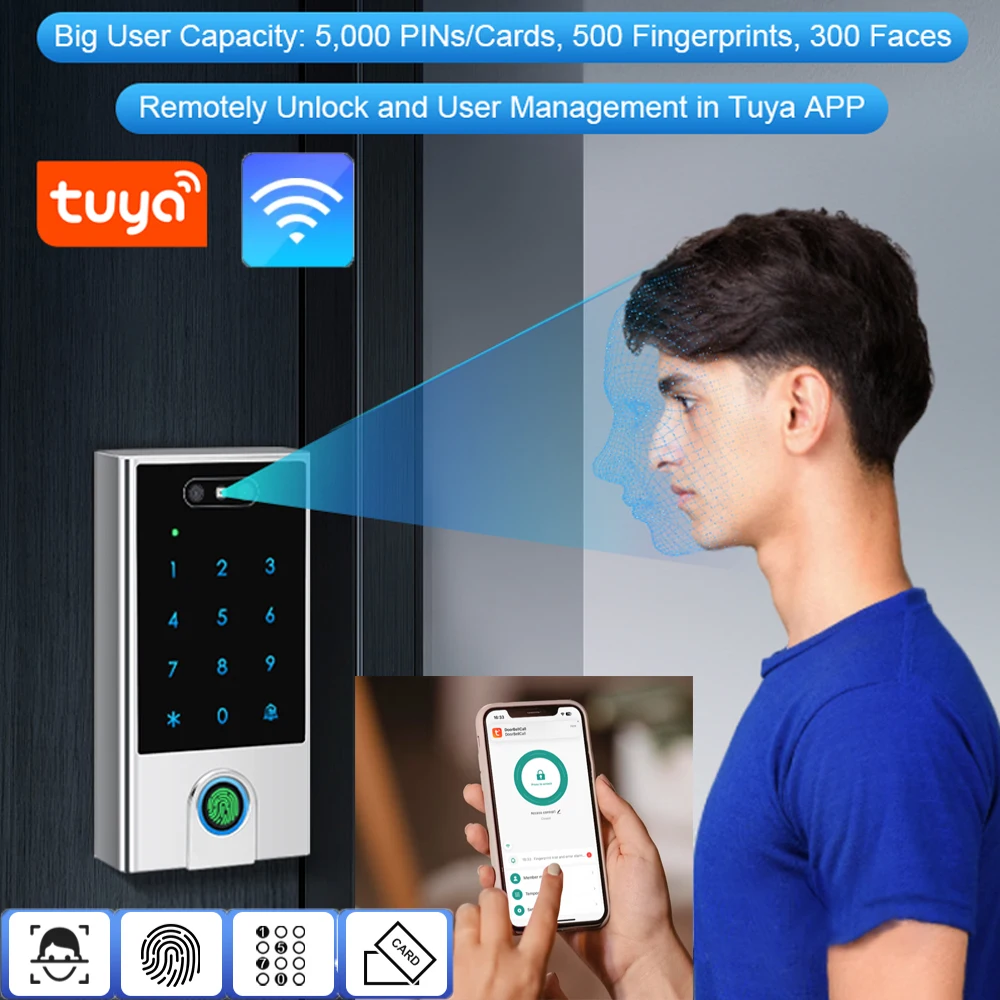 5800 Users Touch keypad Face Recognition Fingerprint WIFI Access Control PIN Cards Doorbell Call Tuya APP for iOS Android
5800 Users Touch keypad Face Recognition Fingerprint WIFI Access Control PIN Cards Doorbell Call Tuya APP for iOS Android