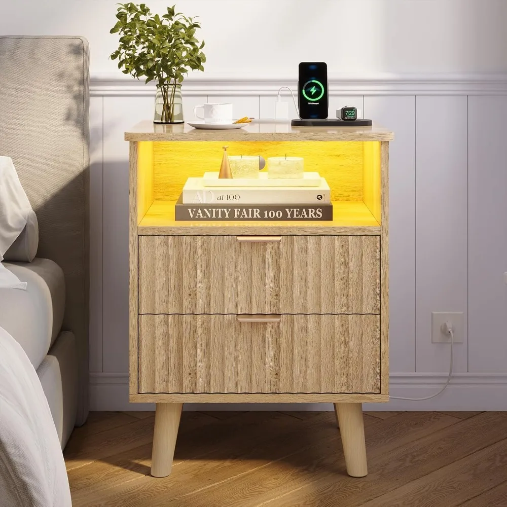 Fluted Nightstand with Charging Station and LED Lights, Modern Night Stand with 2 Drawers and Open Storage Cabinet
Fluted Nightstand with Charging Station and LED Lights, Modern Night Stand with 2 Drawers and Open Storage Cabinet
