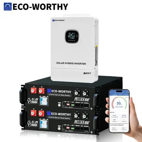 ECO-WORTHY Home Backup Power 2PCS 10.24kwh 48V 100AhLiFePO4 Lithium Battery +10KW 48V Off-grid Inverter for Solar Energy