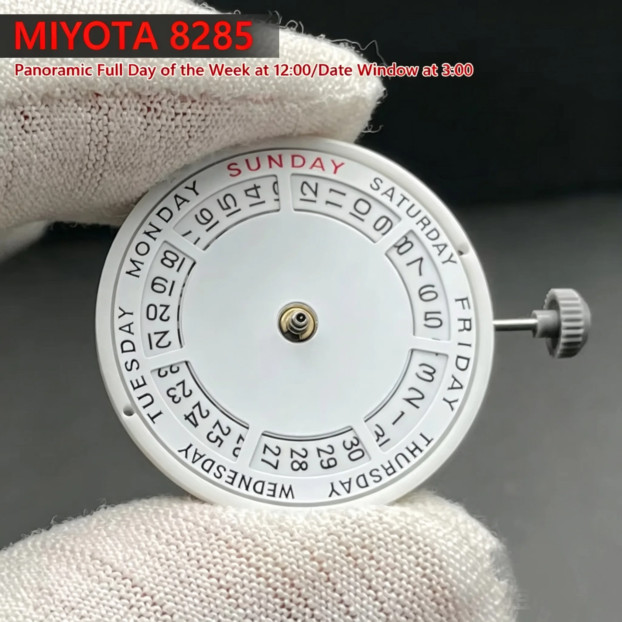 Japanese 8285 Automatic Mechanical Movement (Modified Version) Day window located at the 12 o'clock position.
Japanese 8285 Automatic Mechanical Movement (Modified Version) Day window located at the 12 o'clock position.