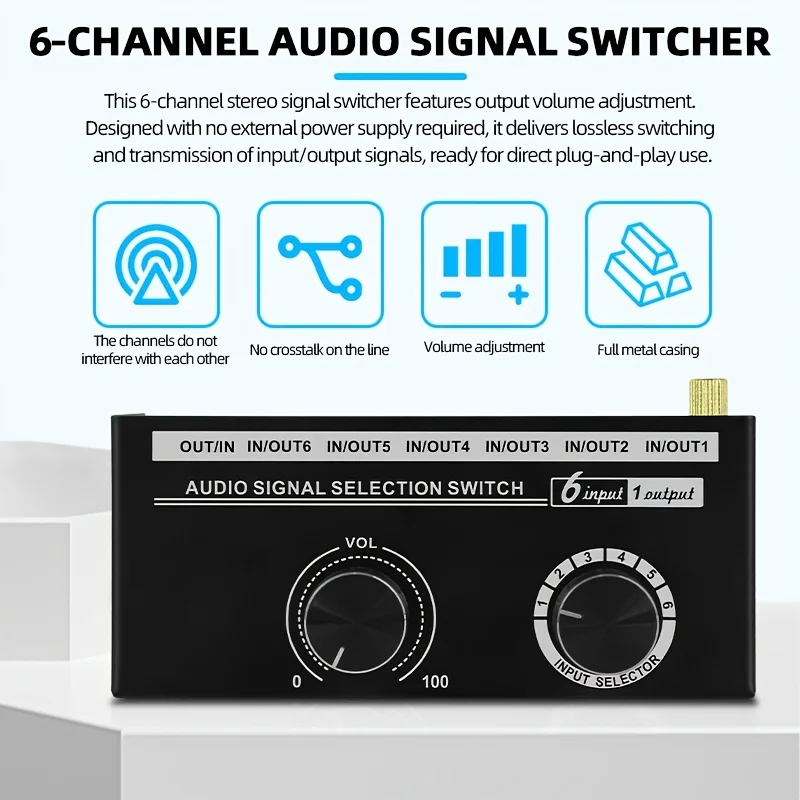 6 Input 1 Output Audio Signal Selector Switch - Passive Audio Splitter with Volume Control, 6-Channel Audio Selector Box for Hea
6 Input 1 Output Audio Signal Selector Switch - Passive Audio Splitter with Volume Control, 6-Channel Audio Selector Box for Hea