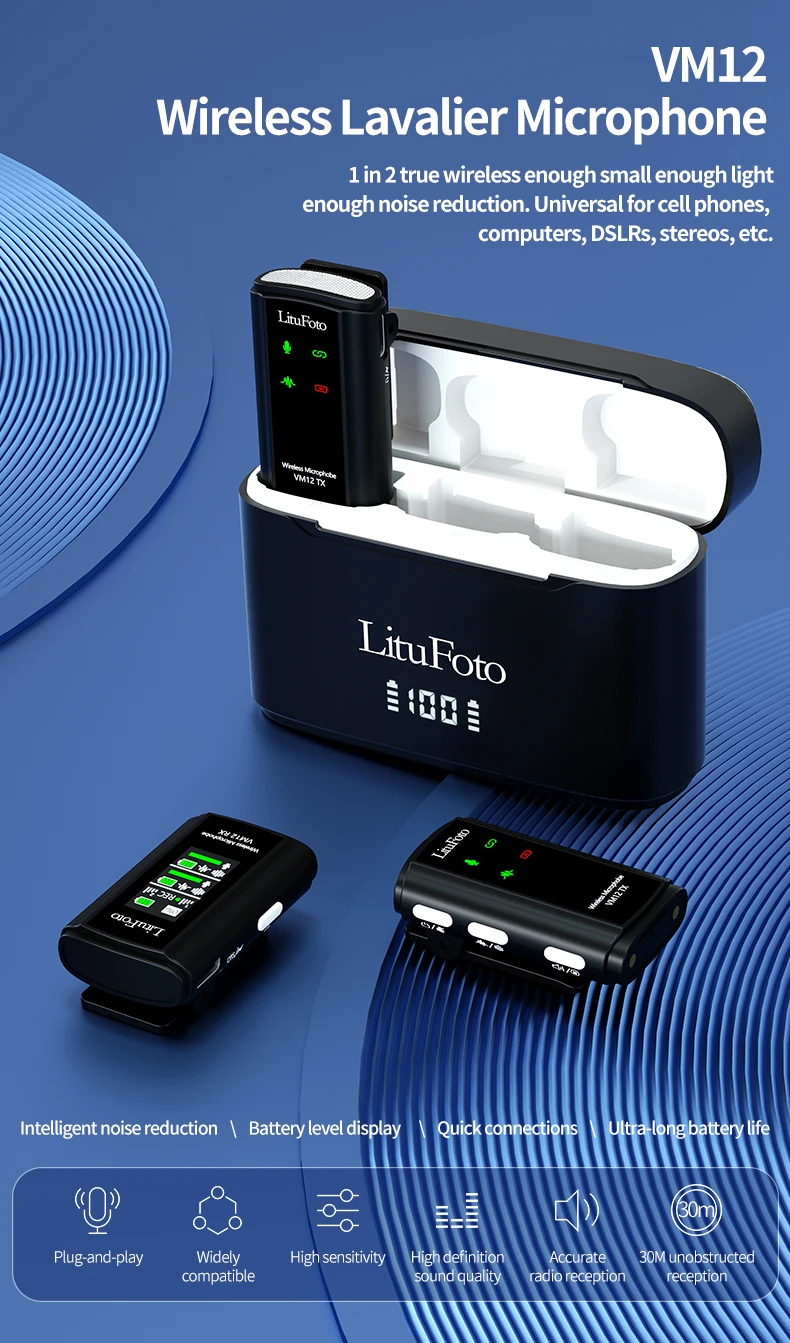Litufoto 2 pack Wireless Lavalier microphone VM12 plug &play with Charging Case for iphone interview vlog youtube recording
Litufoto 2 pack Wireless Lavalier microphone VM12 plug &play with Charging Case for iphone interview vlog youtube recording