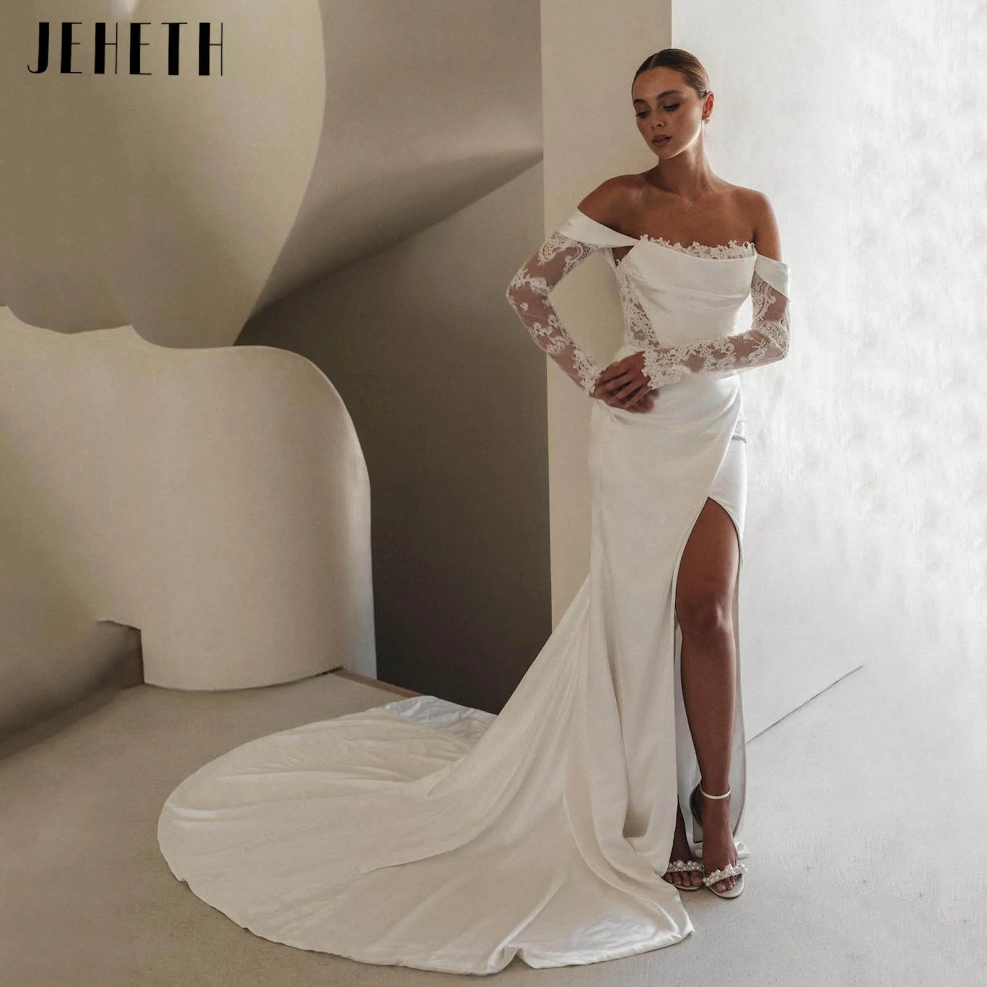 JEHETH Off Shoulder Lace Satin Wedding Dresses Elegant Mermaid Slit Backless Bridal Gowns 2026 vestido de novia boda Customized
JEHETH Off Shoulder Lace Satin Wedding Dresses Elegant Mermaid Slit Backless Bridal Gowns 2026 vestido de novia boda Customized