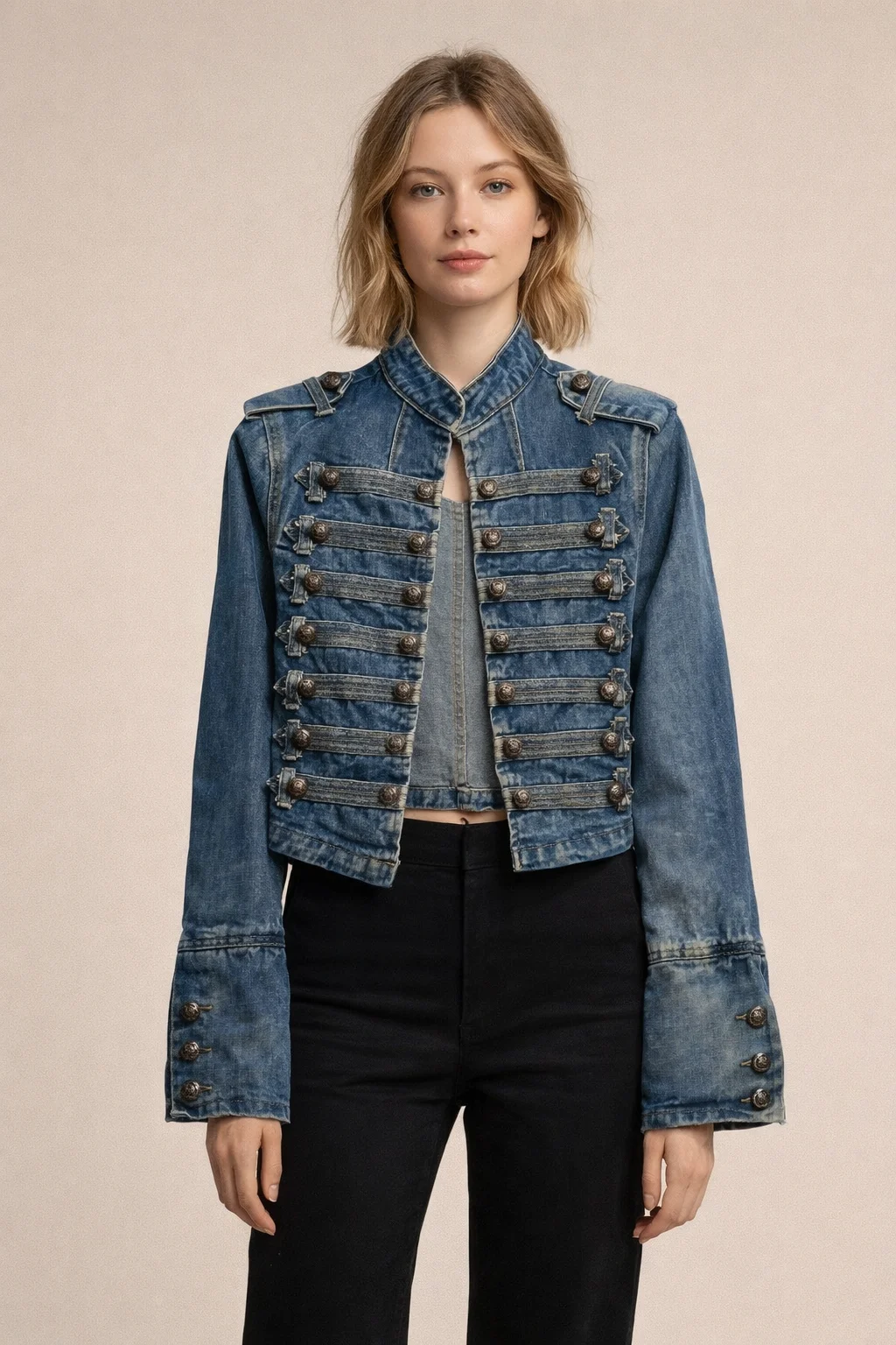 Light Wash Denim Cropped Jacket Women Vintage Military Double Breasted Button Stand Collar Long Sleeve Coat Fashion Streetwear
Light Wash Denim Cropped Jacket Women Vintage Military Double Breasted Button Stand Collar Long Sleeve Coat Fashion Streetwear