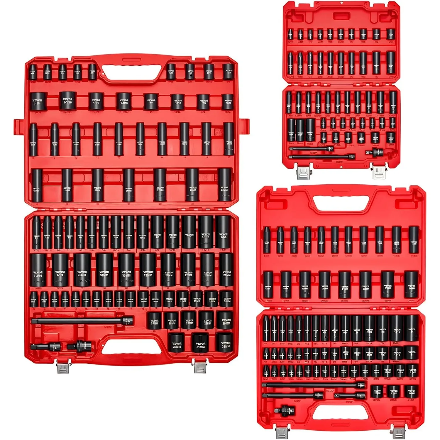 1/4 & 3/8 & 1/2 Inch Drive Impact Socket Set, 210-Piece Metric and Standard Full Sockets, Deep & Shallow, CR-V, 6 Point
1/4 & 3/8 & 1/2 Inch Drive Impact Socket Set, 210-Piece Metric and Standard Full Sockets, Deep & Shallow, CR-V, 6 Point