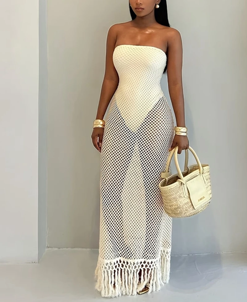 Sexy Fishnet Off Shoulder Long Dress Boho Women's Fringe Tassel Beach Cover Up Summer Swimsuit Sarong for Vacation
Sexy Fishnet Off Shoulder Long Dress Boho Women's Fringe Tassel Beach Cover Up Summer Swimsuit Sarong for Vacation