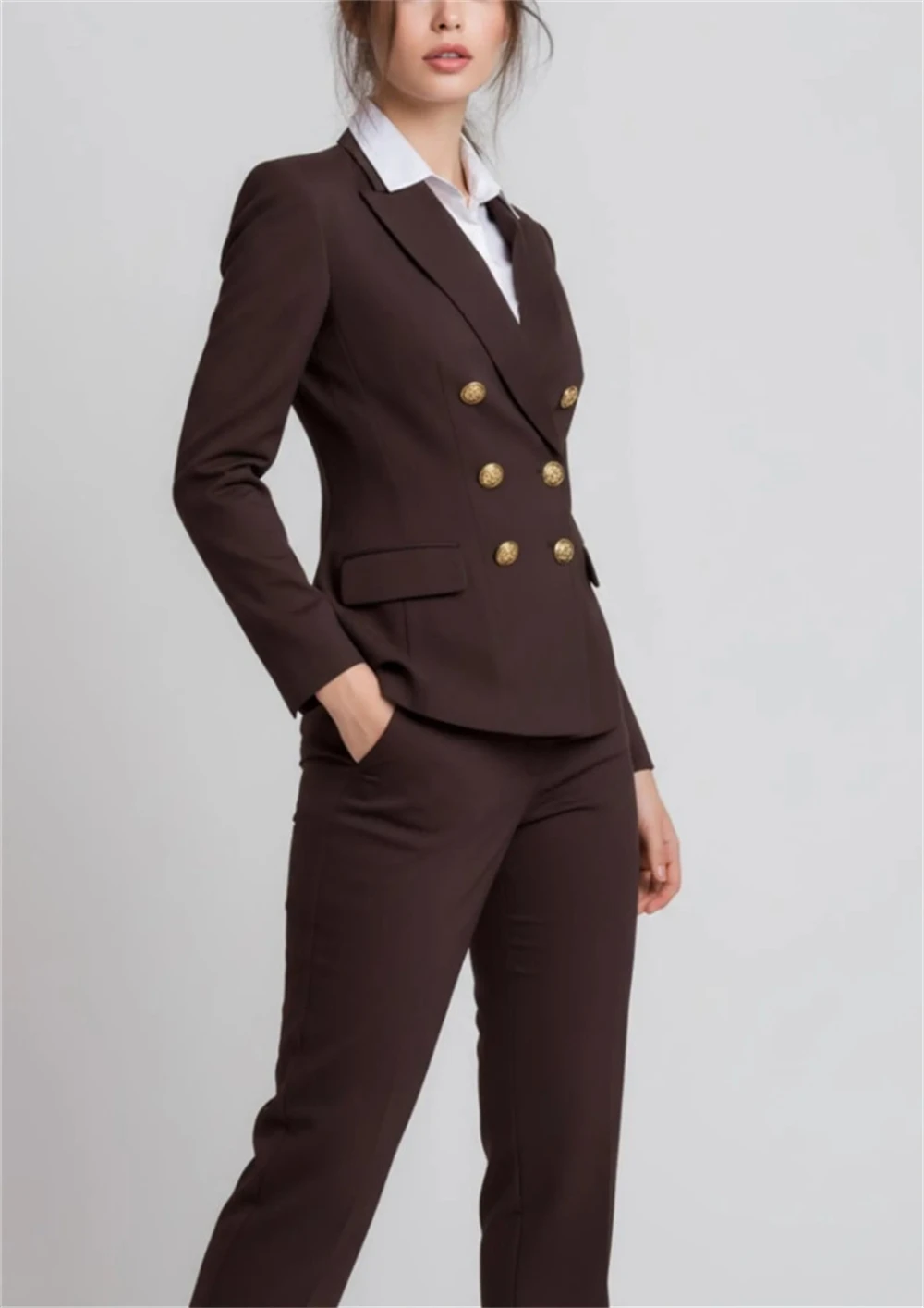 Chocolate Women’s Suit 2 Pieces Double Breasted Gold Button Blazer Set Elegant Tailored Pantsuit (Jacket+Pants)
Chocolate Women’s Suit 2 Pieces Double Breasted Gold Button Blazer Set Elegant Tailored Pantsuit (Jacket+Pants)