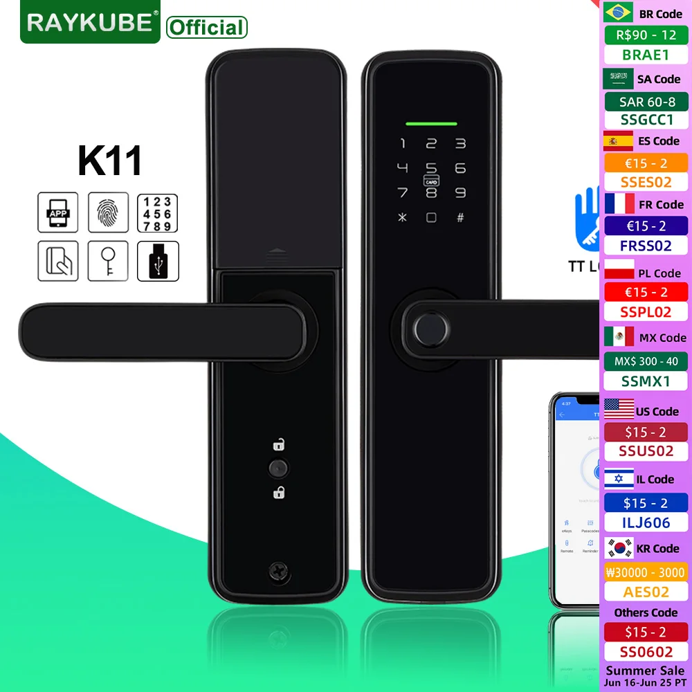 New RAYKUBE K11 TT Lock Bluetooth Biometric Fingerprint Lock Electric Door Lock With Password/Keyless /IC Card/APP Remote Unlock
New RAYKUBE K11 TT Lock Bluetooth Biometric Fingerprint Lock Electric Door Lock With Password/Keyless /IC Card/APP Remote Unlock