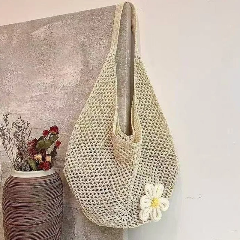 Vintage Crochet Mesh Hobo Bag, Handmade Knit Shoulder Tote with Flower Accent, Boho Style Summer Beach Vacation Bag
Vintage Crochet Mesh Hobo Bag, Handmade Knit Shoulder Tote with Flower Accent, Boho Style Summer Beach Vacation Bag