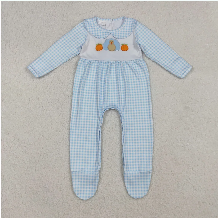 little Boys LR2561 Turkey Pumpkin Embroidery Blue Plaid Print Baby Boys Thanksgiving Footed Romper
little Boys LR2561 Turkey Pumpkin Embroidery Blue Plaid Print Baby Boys Thanksgiving Footed Romper