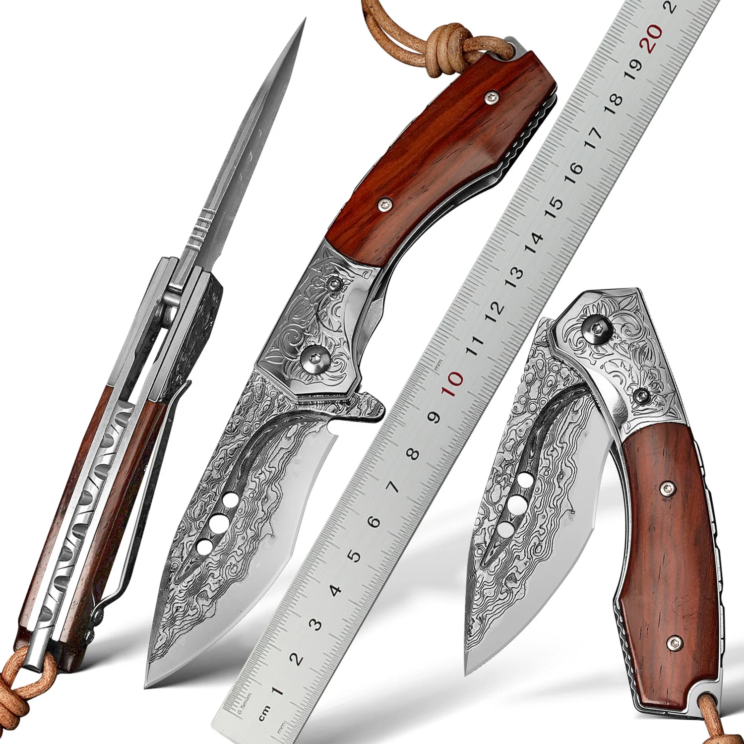 NEWOOTZ Damascus Folding Knife Rosewood Handle Pocket Knife Camping Hiking Fishing EDC Tool with Leather Case
NEWOOTZ Damascus Folding Knife Rosewood Handle Pocket Knife Camping Hiking Fishing EDC Tool with Leather Case