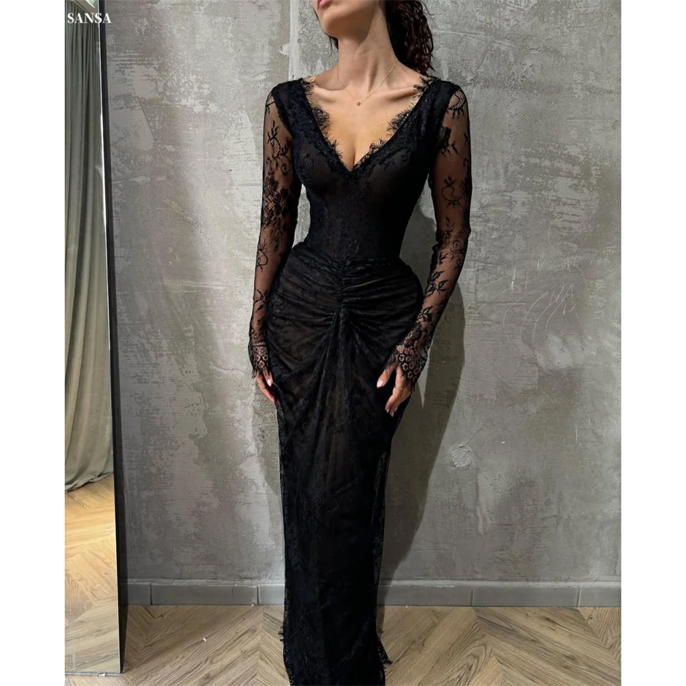 Sansa Индивидуальные черные кружевные платья для выпускного вечера с v-образным вырезом и длинными рукавами, со складками, Vestidos De Noche, длиной до пола, торжественный вечер 2025
Sansa Индивидуальные черные кружевные платья для выпускного вечера с v-образным вырезом и длинными рукавами, со складками, Vestidos De Noche, длиной до пола, торжественный вечер 2025