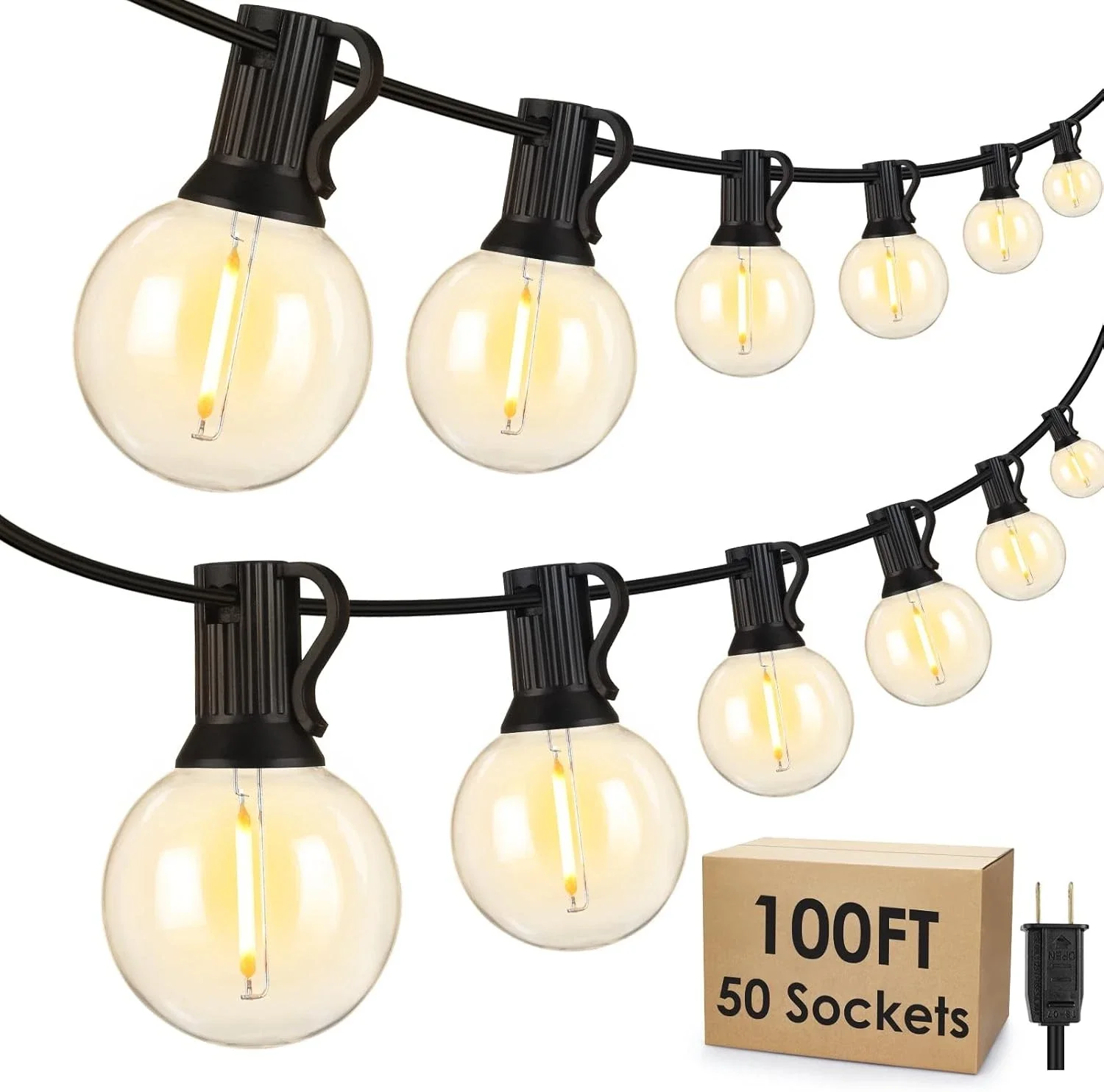100-foot outdoor string light (with hooks), patio light, waterproof and shatterproof, 51 G40 warm light bulbs, plug-operated
100-foot outdoor string light (with hooks), patio light, waterproof and shatterproof, 51 G40 warm light bulbs, plug-operated