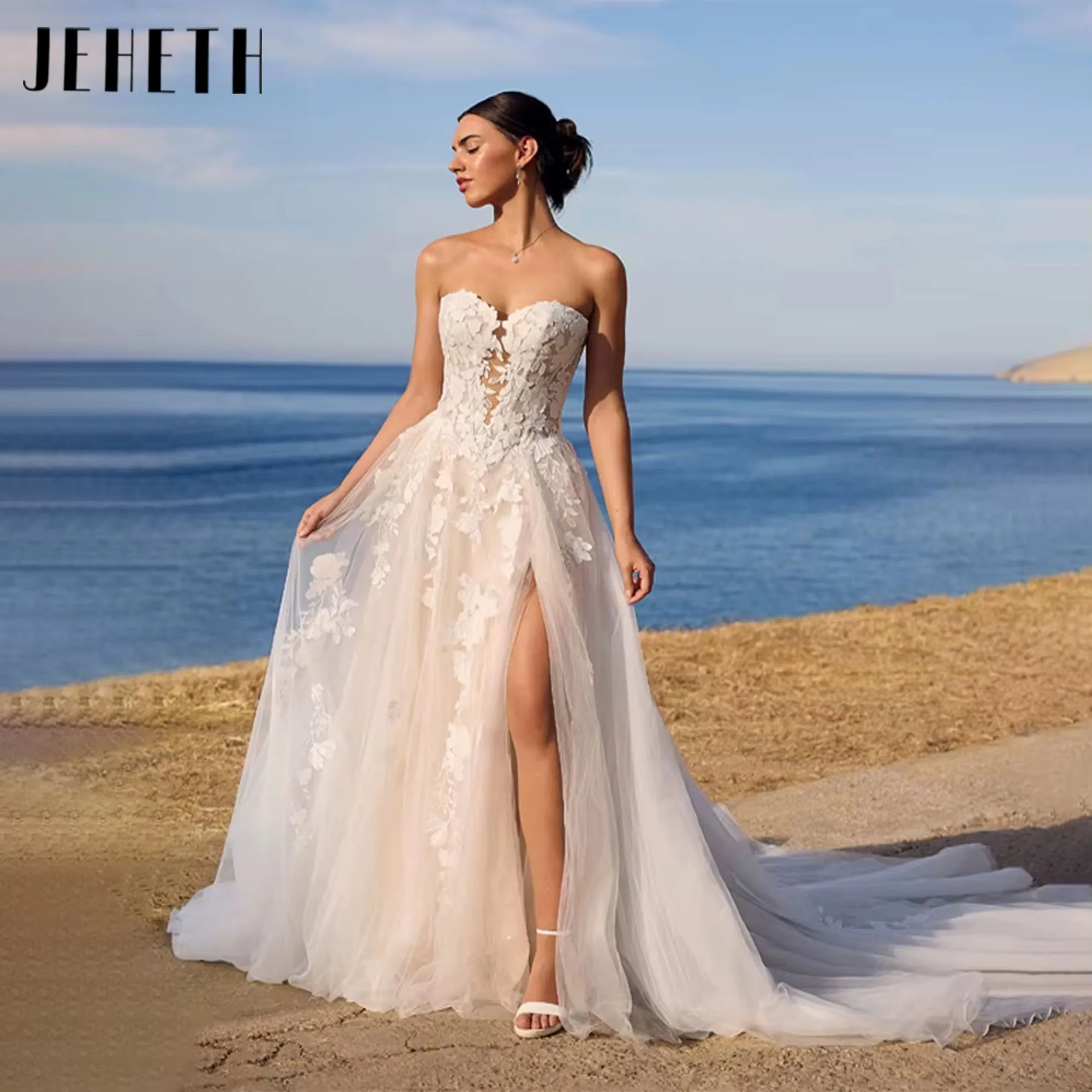 JEHETH Luxury Sweetheart Lace Appiques Tulle Wedding Dress A-line Front Slit Removeble Sleeve Backless Wedding Gowns Customized
JEHETH Luxury Sweetheart Lace Appiques Tulle Wedding Dress A-line Front Slit Removeble Sleeve Backless Wedding Gowns Customized