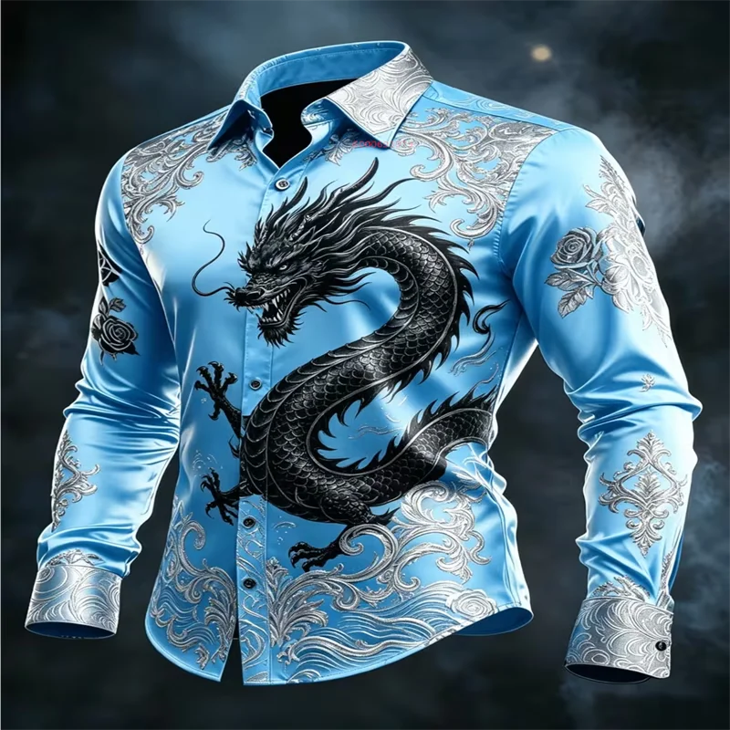 New 2026 Men's Light Blue Satin Shirt – Oriental Black Dragon and Rose Pattern, Long-Sleeve Button-Down, Plus Size 6XL
New 2026 Men's Light Blue Satin Shirt – Oriental Black Dragon and Rose Pattern, Long-Sleeve Button-Down, Plus Size 6XL