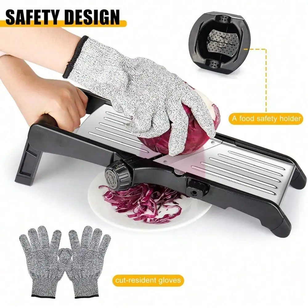 7-Blade Adjustable Mandoline Slicer, Stainless Steel for Onion Potato, Safe Kitchen Tool with Cut-Resistant Gloves
7-Blade Adjustable Mandoline Slicer, Stainless Steel for Onion Potato, Safe Kitchen Tool with Cut-Resistant Gloves