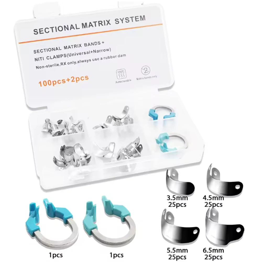 Professional 102 Piece Restorative Dentistry Kit with Metal Matrix Bands and NiTi Clamping Rings for Sectional Matrix Systems
Professional 102 Piece Restorative Dentistry Kit with Metal Matrix Bands and NiTi Clamping Rings for Sectional Matrix Systems